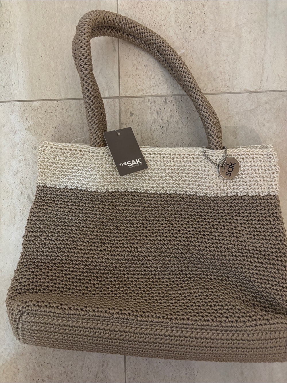 The Sak Crochet Two-Tone Tote in Cream and Taupe